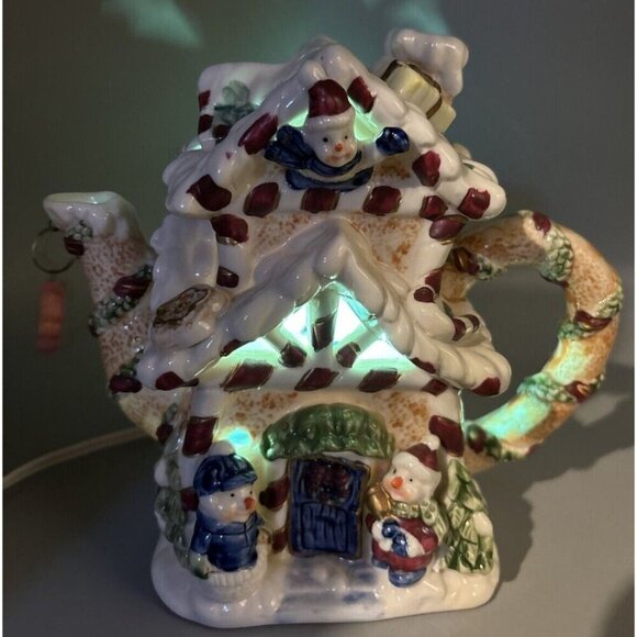 Vtg Lighted Teapot Snowman Christmas House Lamp Christmas Decor Electric - Picture 2 of 8